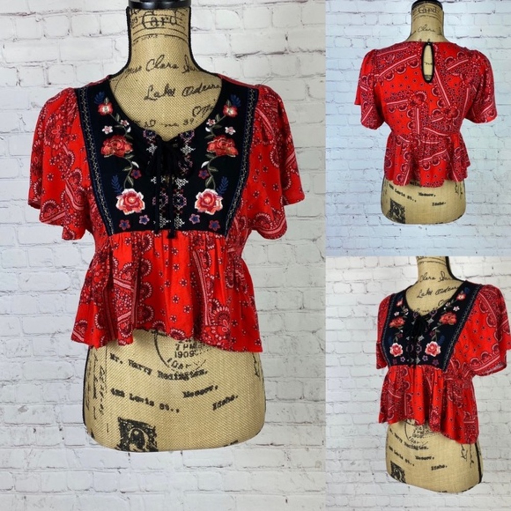 Living Doll Bandana Print Embroidery Details Crop Top